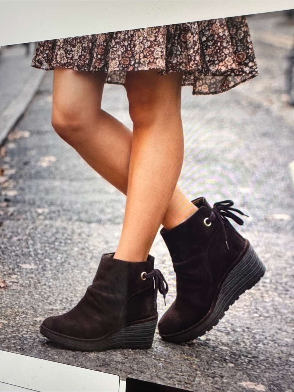 Fly London Yebi Brown Suede Wedge Booties Women 7 Ruched Tie Back Ankle Boot